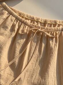 Comfortcana Plus Size Casual Loose Drawstring Solid Color Comfortable Shorts, Spring/Summer - Khaki - View 6