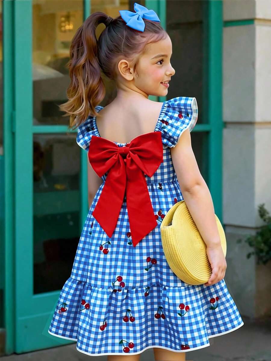 SHEIN Elladie kids 小女孩甜美可爱沙滩度假夏季短袖蝴蝶结装饰连衣裙,适合日常和假日穿着 - 藍色 - 查看 1
