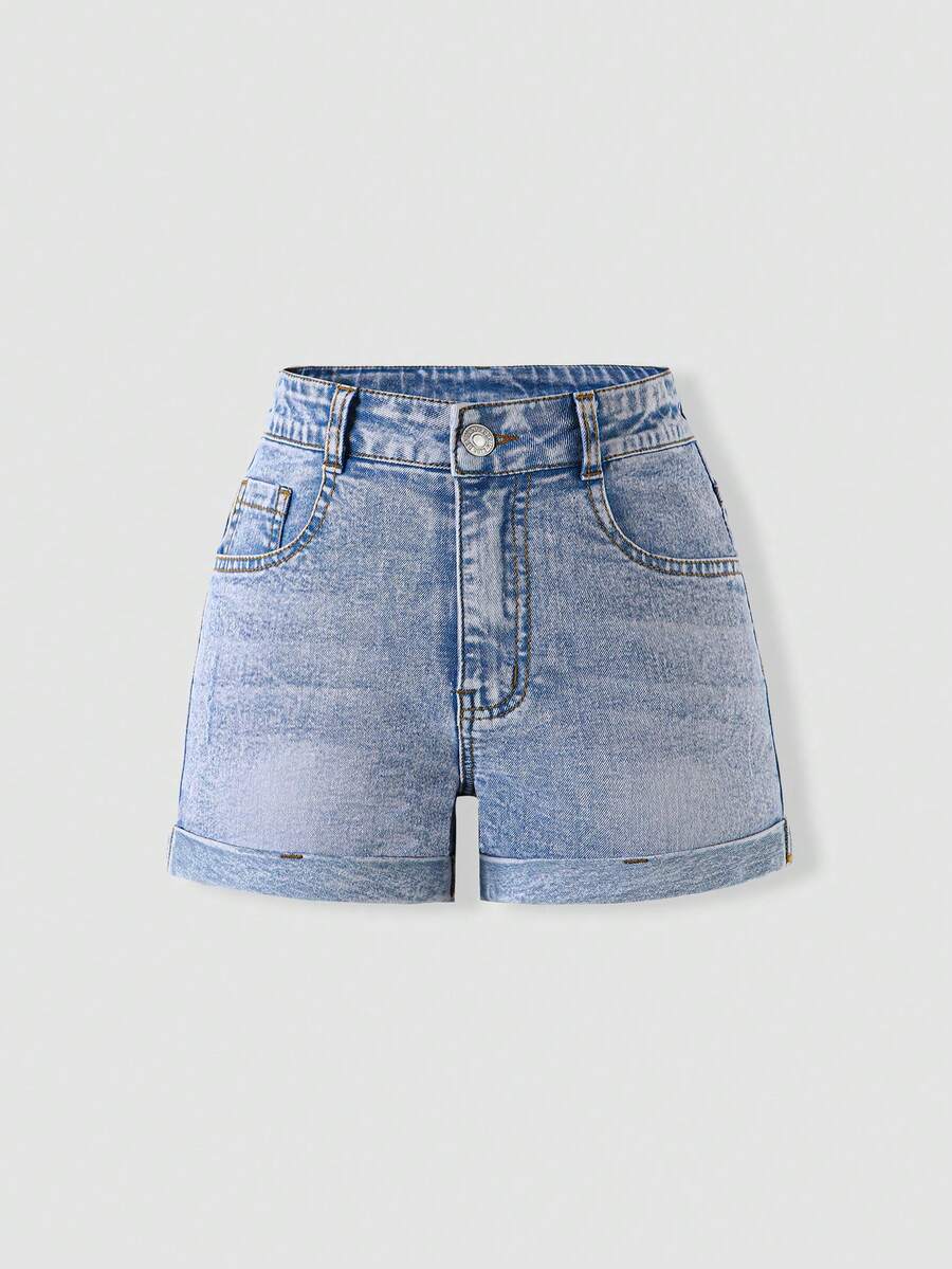 SHEIN 青少年女孩牛仔短褲 夏季新款韓式時尚百搭高腰捲邊舒適優質棉質牛仔日常基礎校園度假穿著兒童牛仔短褲
