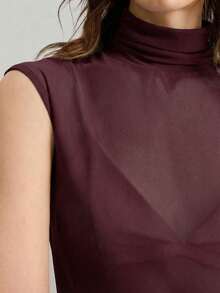 Ontre Áo thun nữ mùa hè mới 2026SS, kiểu dáng tối giản, thanh lịch, sang trọng, chất liệu lưới màu trơn, cổ cao, không tay, màu tím trơn bán chạy nhất, thích hợp cho đi học, đi chơi, dự tiệc trà, trang phục ngày lễ, áo thun nữ thời trang đa năng. - Màu đỏ tím - Xem 5