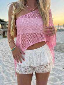 SHEIN EZwear Women's Vacation Casual Solid Color Hollow Out Shoulder Sweater - Pink - View 9