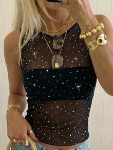SHEIN EZwear Women's Fashionable Mesh Sheer Polka Dot Sleeveless Top, Summer,Summer Top - Black - View 7