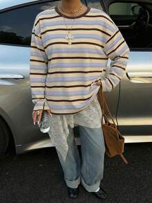 Muchica Áo thun dài tay nữ cổ tròn kẻ sọc, kiểu dáng thường ngày, đa năng. - Nhiều màu - Xem 6