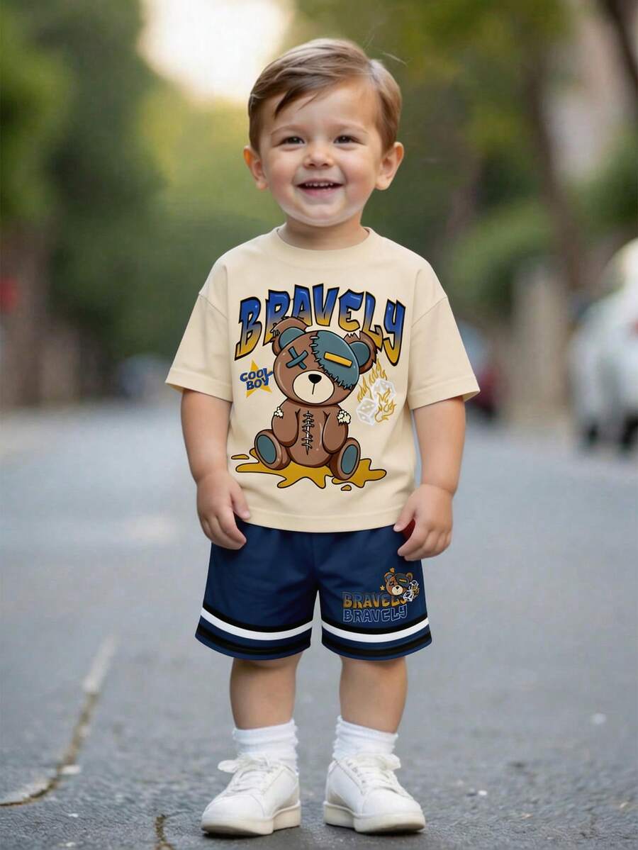 Bộ áo thun tối giản thường ngày cho bé trai, phù hợp cho mùa hè, in hình gấu máy cổ điển và phong cách. - Nhiều màu - Xem 1