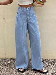 DAZY 女士宽松褶裥阔腿休闲裤，度假海滩风，春夏款 - 藍色 - 查看 6