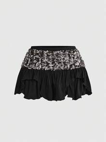 ROMWE Summer Y2K Rave Music Festival Outfit, Patchwork Sequin Asymmetrical Hem Mini Skirt - Black - View 2