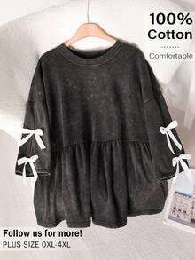 CosyJoli Plus Size Women Casual Bowknot Decor Ruffle Hem Long Sleeve T-Shirt, Versatile For Daily Wear, Summer Tops - Black - View 3