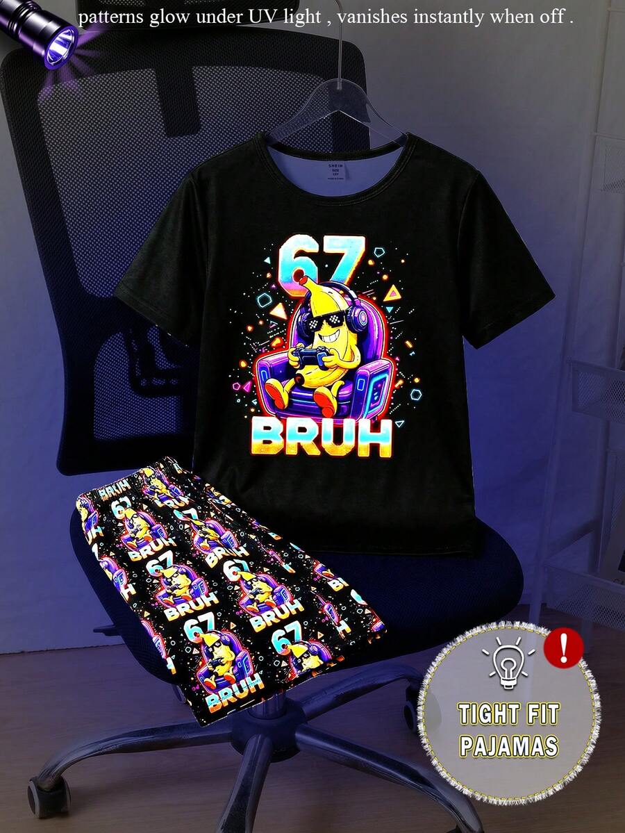 两件套青少年男童黑色圆领短袖上衣,印有 67BRUH 字样,搭配荧光图案短裤,弹力针织面料,舒适贴身睡衣套装 - 黑色 - 查看 1