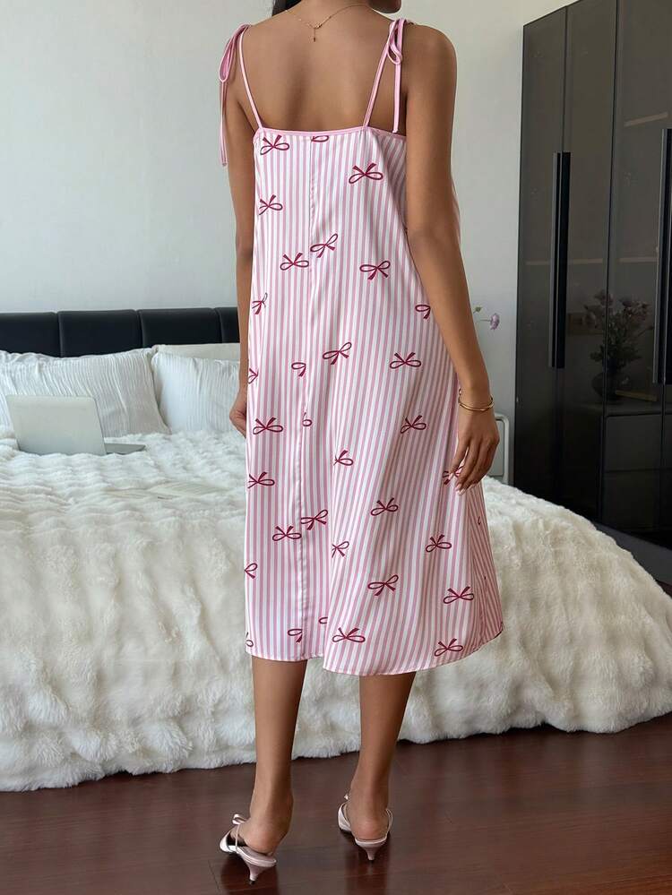 Striped Bow Tie Strap Midi Nightgown For Women, Summer