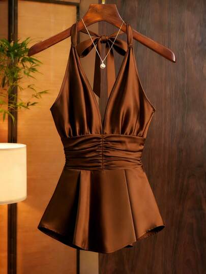 Franclia Vintage Brown Tie-Up Blouse, V-Neck + Tie Design Flatters Shoulder & Neck Lines, Cinched Waist Silhouette, Suitable For Commute, Dates, And Everyday Wear, Retro Yet Fashionable