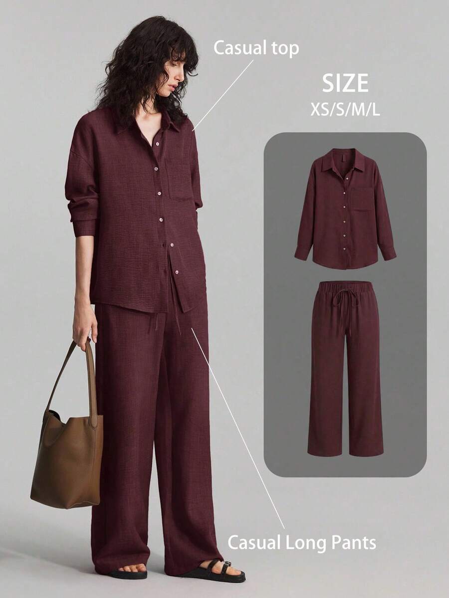 Ontre 2026春夏新款女士两件套，日常休闲家居服，海滩度假装 - 长裤+长袖衬衫套装，早午餐装，音乐节套装，优雅女士两件套夏季套装，商务休闲女士套装