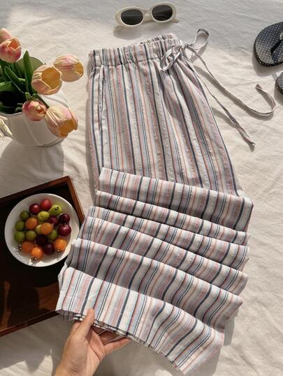 Comfortcana Pantalones anchos casuales con cintura anudada y rayas de colores, talla grande, para primavera/verano