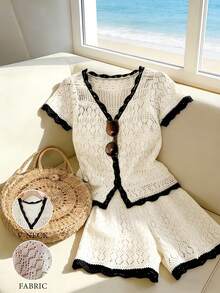 Franclia Bộ đồ nữ nhẹ nhàng phối ren tương phản gồm 2 món, áo cardigan tay ngắn cổ chữ V và quần short cạp cao, trang phục thanh lịch cho mùa xuân/hè, kỳ nghỉ biển, du lịch. - Nhiều màu - Xem 3