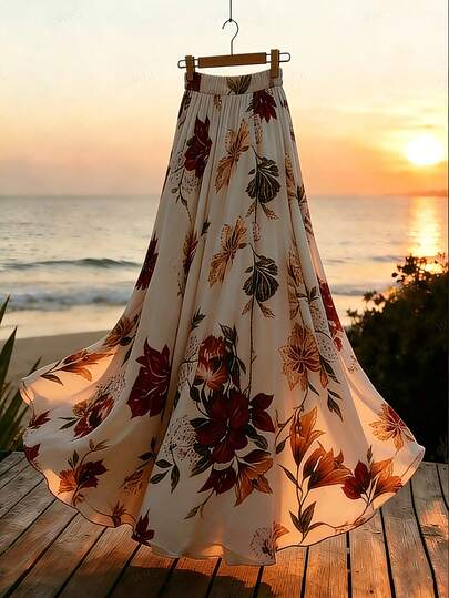 GlowEve 女士复古浪漫优雅碎花弹力腰A字裙，适合度假、约会及其他场合