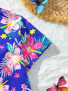 SHEIN Conjunto de traje de baño con estampado floral de manga corta para niña preadolescente, adecuado para playa, vacaciones, arena, recreación, vacaciones, viajes, verano - Multicolor - Ver 4