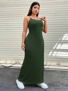 GalTyme 大码女式夏季橄榄绿吊带休闲连衣裙 - 軍綠色 - 查看 4