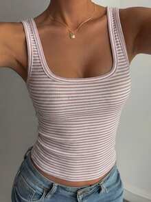 Áo tank top nữ kẻ sọc phối màu, kiểu dáng thường ngày, phù hợp để mặc hàng ngày. - Hồng - Xem 3