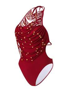 Swim Chiccia Áo tắm liền thân cổ tròn, màu trơn, khoét rỗng, đính hạt kim loại và tua rua, phong cách lễ hội Boho, thích hợp cho mùa xuân. - Đỏ - Xem 5
