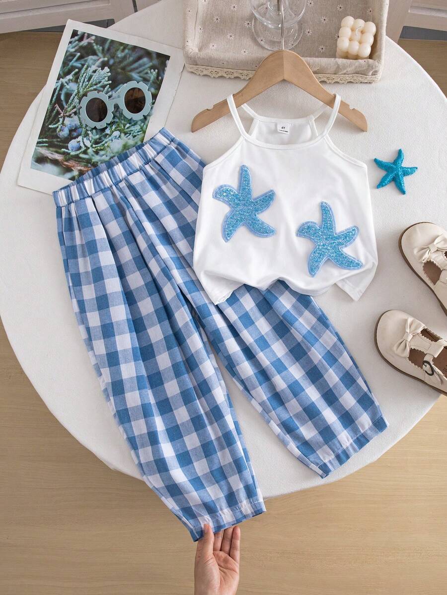 Bộ 2 món cho bé gái gồm áo ba lỗ in hình hoa và sao biển 3D kết hợp với quần lửng kẻ caro xanh dương, thích hợp mặc hàng ngày và đi nghỉ mát, bộ quần áo mùa hè cho bé gái. - trắng - Xem 1