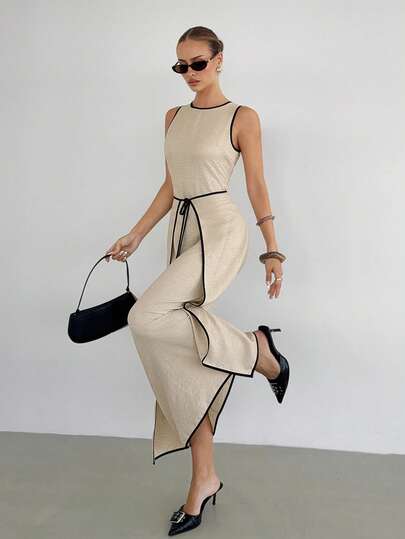 Siren Gaze Linen Sleeveless Tie-Waist Patchwork Maxi Dress, French Elegance, Slim Fit, Flattering Summer Style, New Women's Summer Dress, Exudes Goddess-Like Aura, High-End Feel, Casual Yet Sophisticated, Perfect For Commuting, Full Skirt, Casual Vacation, Or Date Wear.
