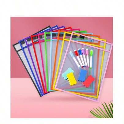 1Pc Random Color Reusable File Organizer With Extra Large Write & Erase Pocket, Transparent Durable Plastic Paper Protector, School Supplies For Teachers & Classroom 2.