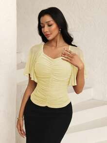 Modelyn Wine Red Mesh Ruched Design Fashionable Elegant Sexy T-Shirt For Dates And Outings - Light Yellow - View 6