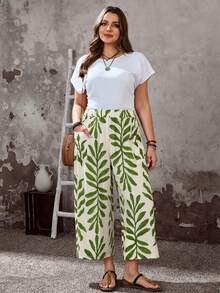 EMERY ROSE Quần ống rộng dáng suông in họa tiết lá cây dành cho nữ cỡ lớn, thích hợp mặc hàng ngày. - màu xanh lá - Xem 6