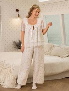 CottageSlumber Woven Ditsy Floral Print Lace Patchwork Short Sleeve Pants Plus Size Pajama Set - White - View 2