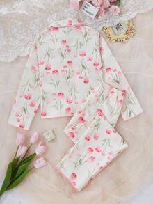 Genkimix Kids Girls Floral Print Long Sleeve Cardigan And Pants 2 Pieces Pajama Set, Comfortable Casual Sleepwear Tulip Print Pajama Set - Multicolor - View 2