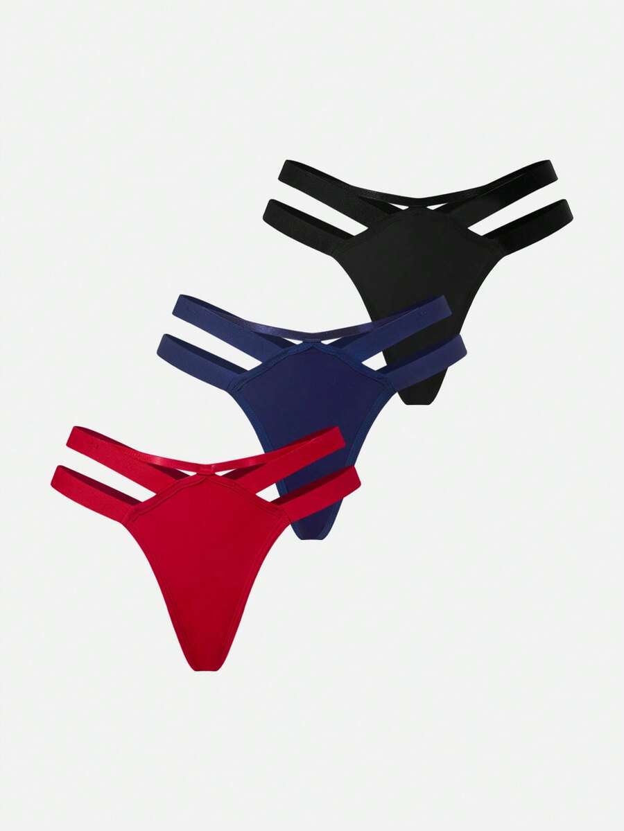 Bella Beso 3pcs/Set Solid Color Hollow Out Detail G-String Underwear - Multicolor - View 1
