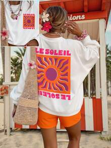DrmWander Sudadera de mujer con cuello redondo y manga larga estampada, top casual con vibra de vacaciones - Blanco - Ver 4