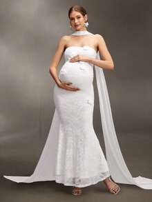 Cheriluna Maternity 优雅3D立体花卉孕妇长裙，雪纺装饰修身摄影礼服，春夏孕妇装 - 白色 - 查看 1