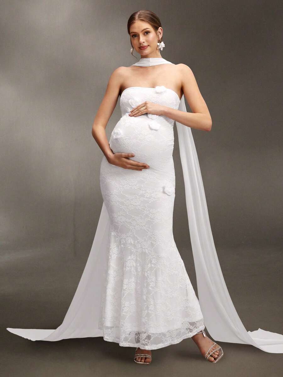 Cheriluna Maternity 优雅3D立体花卉孕妇长裙，雪纺装饰修身摄影礼服，春夏孕妇装 - 白色 - 查看 1