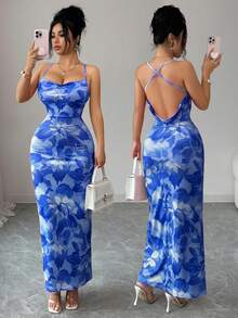 Nuevo Llegado Primavera/Verano Elegante Encantador Sexy Vestido Ajustado con Estampado Floral Rosa Pálido de Cuello Halter y Espalda Descubierta, Adecuado para Vacaciones y Playa - Azul - Ver 6