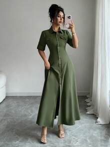 Elenzga 女士纯色卷边短袖单排扣休闲衬衫裙 - 墨綠色 - 查看 3
