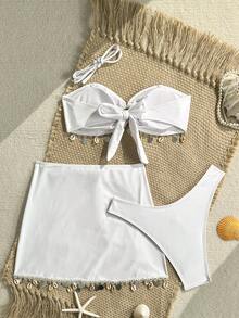 Bonvoyette Bộ đồ bơi 3 mảnh màu trắng dành cho nữ, kiểu áo quây hai dây, gợi cảm, thích hợp cho kỳ nghỉ hè, đi biển. - trắng - Xem 2