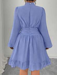Elenzga Vestido midi ajustado de manga larga con cuello alto, volantes y color azul marino elegante para fiesta de talla grande para mujer - Azul - Ver 2