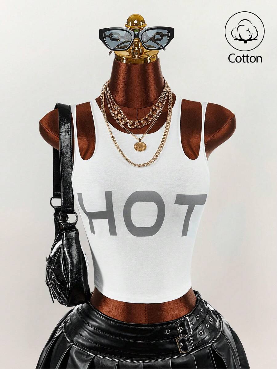 Amplova Áo camisole nữ ôm sát, mỏng nhẹ, in chữ cá nhân hóa - trắng - Xem 1