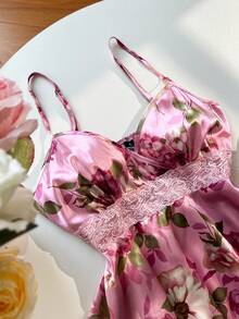 Flirla Camiseta sin tirantes con cuello en V, estampado floral, parches y ribete de encaje en la cintura para mujeres - Rosa - Ver 5