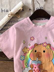 SHEIN 两件套女童休闲可爱水豚、花朵图案、彩虹、昆虫、蝴蝶、奶油粉色度假风圆领短袖T恤搭配紧身打底裤，适合春夏日常穿着、度假、Y2K风格，可爱女童套装 - 彩色 - 查看 4