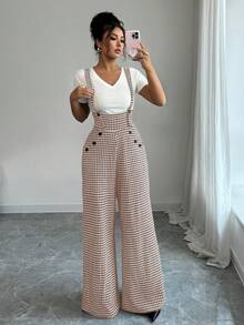 Elenzga Bộ áo liền quần ống đứng họa tiết răng cưa dành cho nữ, có dây đeo. - Màu Khaki - Xem 4