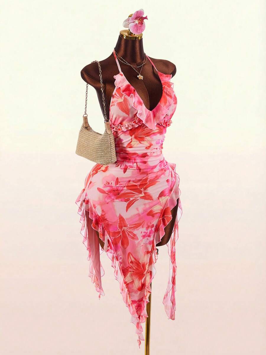 Amplova Vestido mini con escote en V profundo, volantes, bajo asimétrico y lazo en la espalda - Rosa - Ver 1