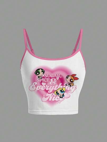 THE POWERPUFF GIRLS X SHEIN Áo hai dây lửng nữ kiểu dáng thường ngày in chữ và hoạt hình, thích hợp cho mùa hè.