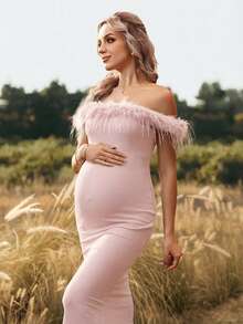 Cheriluna Maternity Đầm chụp ảnh bầu/Đầm dự tiệc sang trọng/Đầm dự tiệc mừng em bé - Đầm maxi dáng đuôi cá ôm sát, cổ lông vũ giả, lệch vai. - Hồng - Xem 5