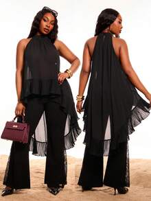 Radiana Plus Size Women's Black Summer Elegant Night Out Club Cocktail Chiffon Pleats Asymmetric Halter Blouse, Sheer Long Asymmetrical Top For Business Office - White - View 6
