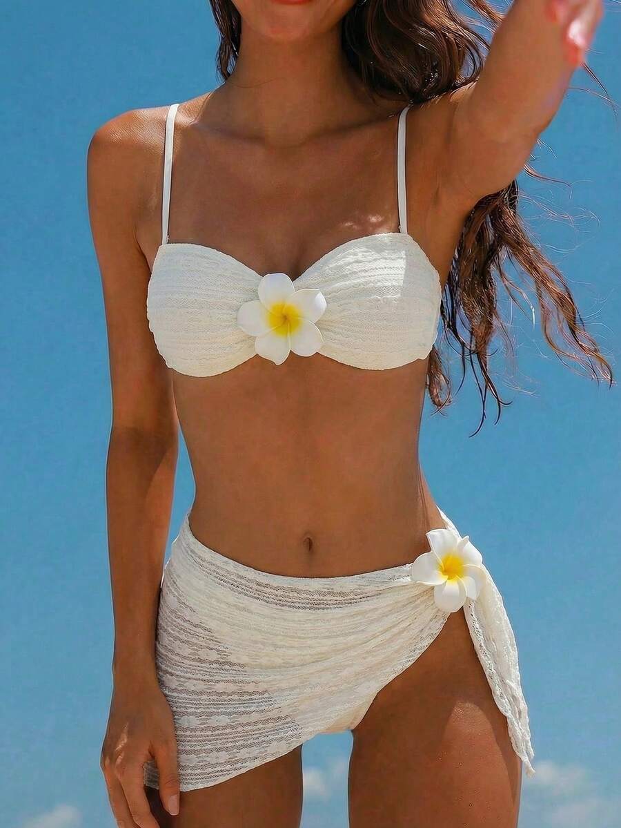 Swim Mod Bộ bikini 3 mảnh gợi cảm hở lưng bằng vải jacquard họa tiết hoa dâm bụt dành cho nữ, thích hợp cho kỳ nghỉ biển. - Màu vàng - Xem 1