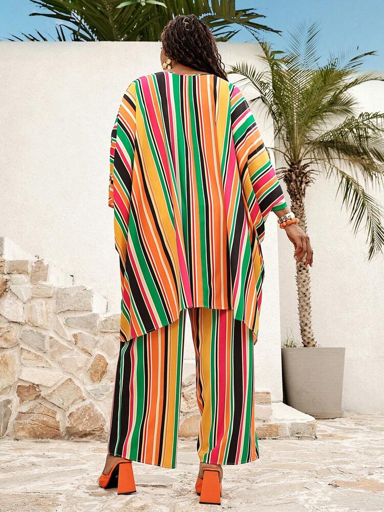 Plus Size Women Vacation Striped Batwing Sleeve Shirt And Pants Casual 2 Pieces Set