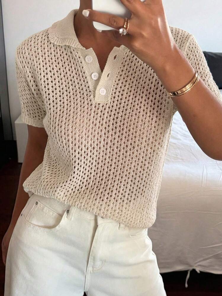 Women's Collared Fitted Hollow-Out Shiny Knit Top