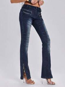 ROMWE Y2K 独立颓废音乐节穿搭：超低腰紧身牛仔裤（拉链裤脚设计，可双向穿着） - 藍色 - 查看 1