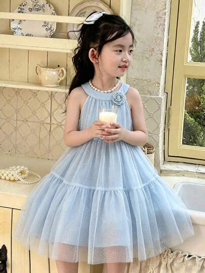 Genkimix Kids Vestido sin mangas con decoración floral 3D para niña, vestido de malla, adecuado para salidas diarias, vacaciones, fiestas de cumpleaños, vestido de verano, falda de tul de princesa